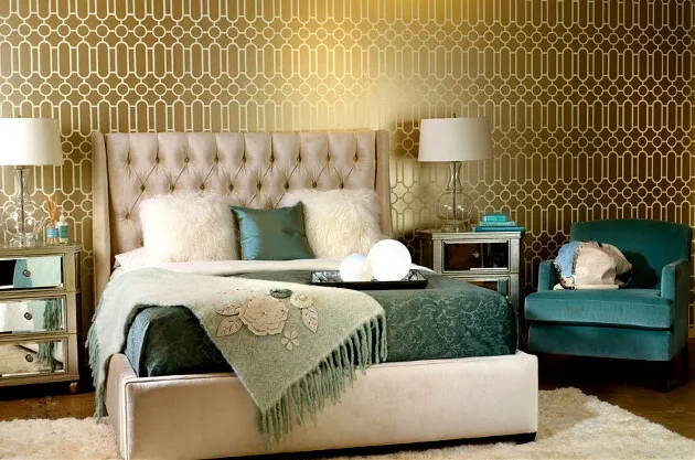 Bedroom with geometric gold wallpaper