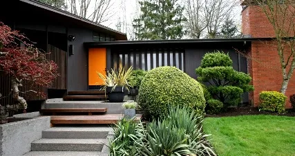 Modern dark exterior with landscaping