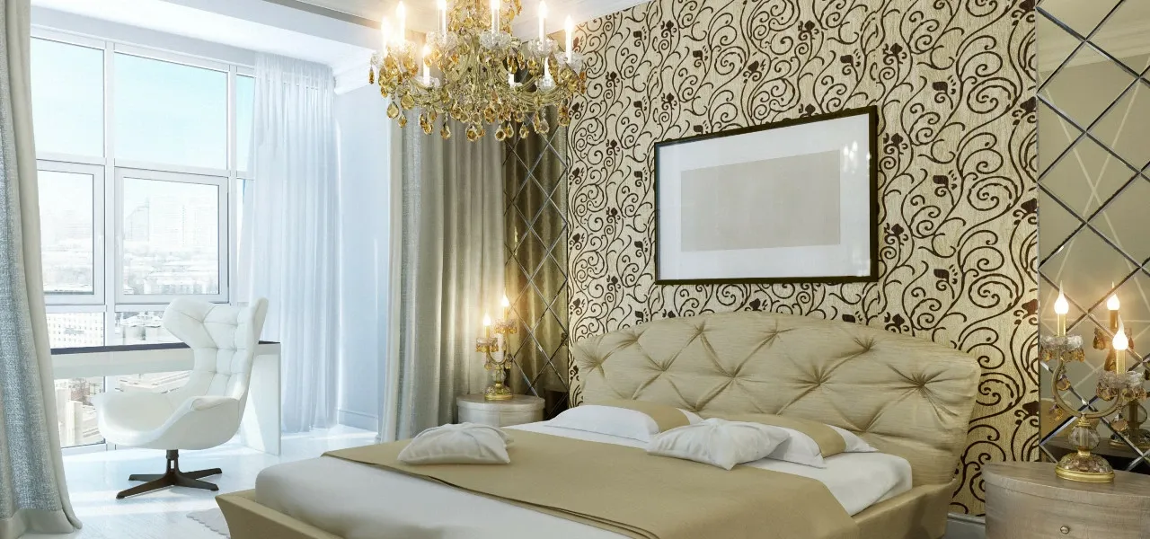 Bedroom with damask wallpaper and chandelier